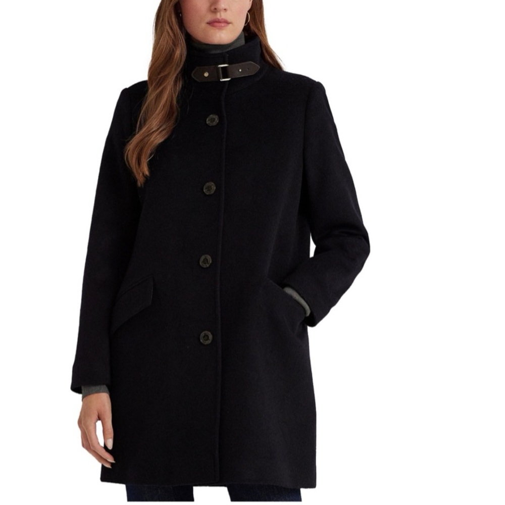 NWT LAUREN RALPH LAUREN Women's Wool Blend Buckle-Collar Coat Black